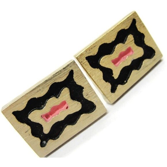 Rectangle Black & Pink Pat Pend Heavy Cufflinks Tux Shirt Dress Suit Vintage - Picture 3 of 9